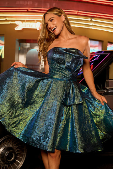 Sparkly Metallic Strapless Peacock Green Ruched A Line Homecoming Dress